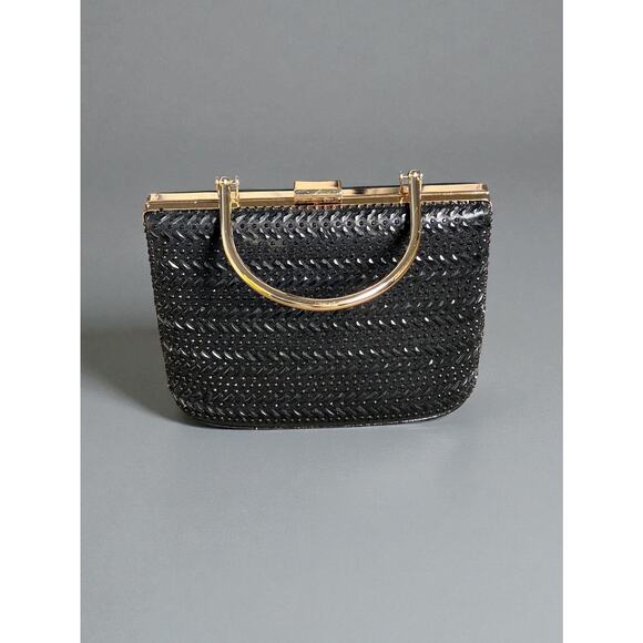d’margeaux Black Chevron Clutch Purse | Gold Frame Handle Evening Holiday Bag - Picture 1 of 6